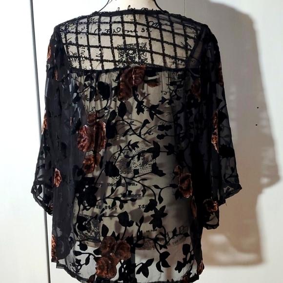 POL- Whimsigoth Black sheer open Cardigan Velvet burnout Floral sequin Sz.M/L - Picture 7 of 10